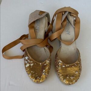DKNY Shimmering Gold Espadrilles with Brown Ankle Straps